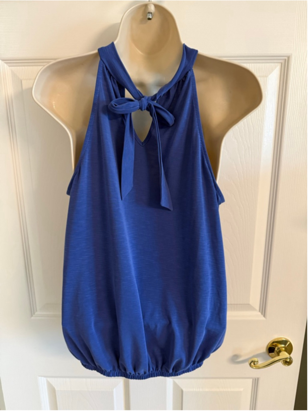 Green Envelope Periwinkle sleeveless blouse M elastic waist tie neck - Picture 2 of 6